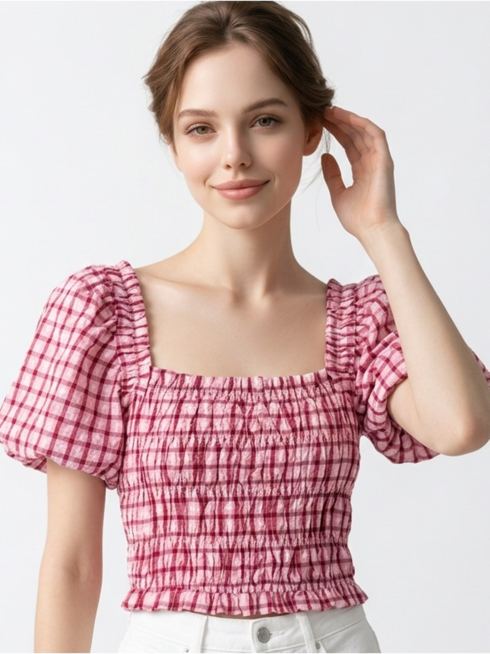 ENGLISH FACTORY | Pink Gingham Smocked Puff-Sleeve Crop Top Women’s Size Small